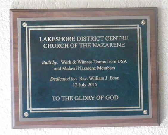 Lakeshore District Centre Church of the Nazarene - Dedication Plaque 07/12/2015